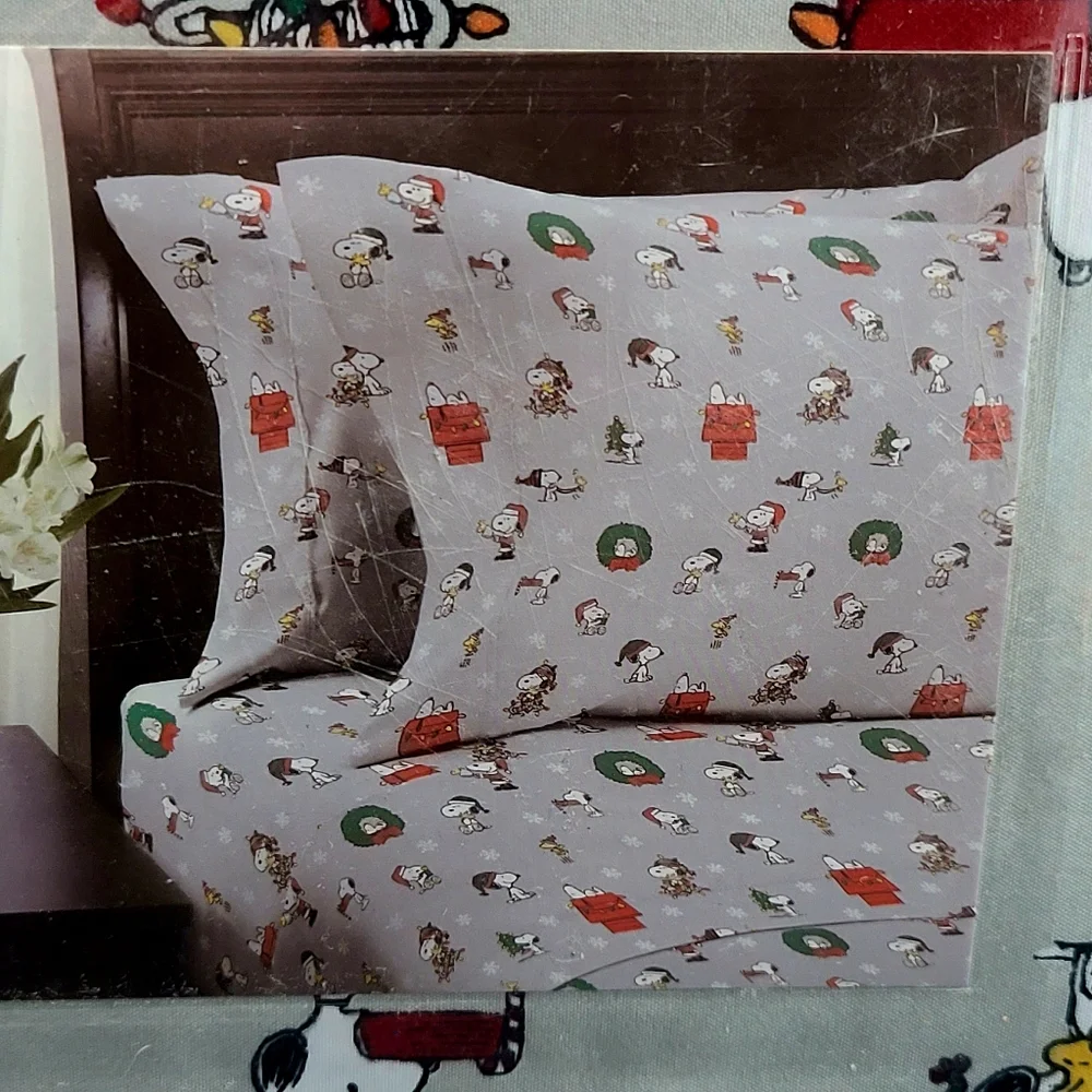 4pc Peanuts Snoopy & Woodstock Christmas Queen Bed Snowflake Sheet Set Decor NEW